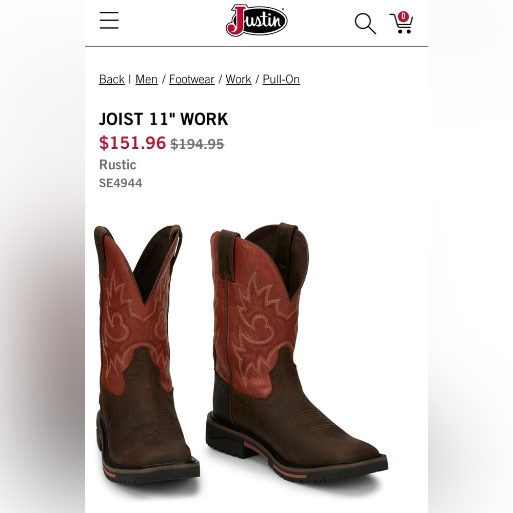 Justin Boots Joist 11" Work Men's Pull-On Boots - Rustic Brown/Red
